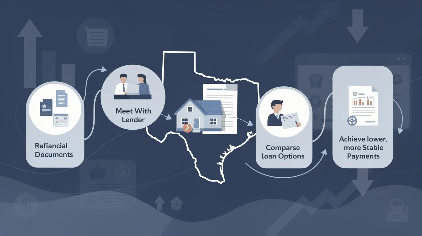 A step-by-step visual process guide demonstrating how refinancing texas home loans rising interest rates 2026 works