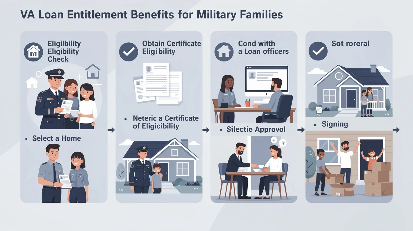 A step-by-step visual process guide demonstrating how va loan entitlement benefits for military families works