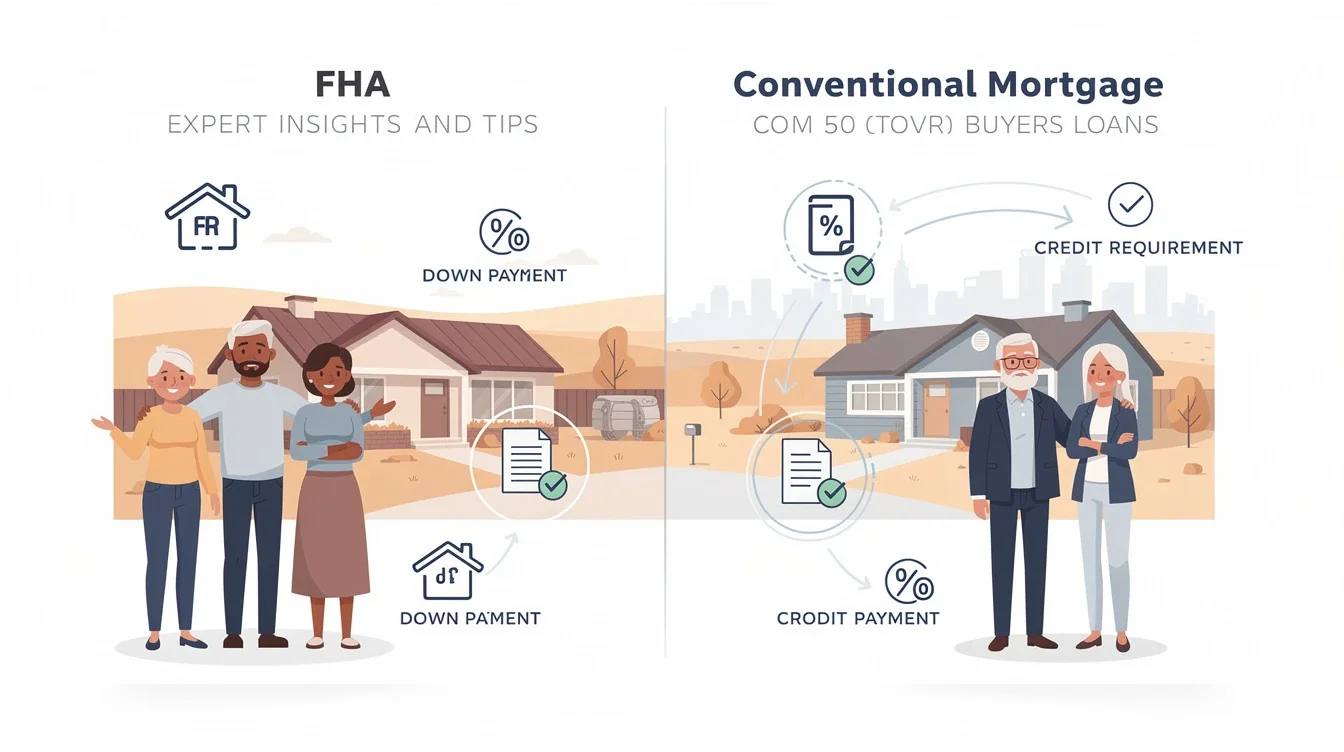 A summary infographic highlighting best practices for fha vs conventional mortgage loans texas buyers over 50