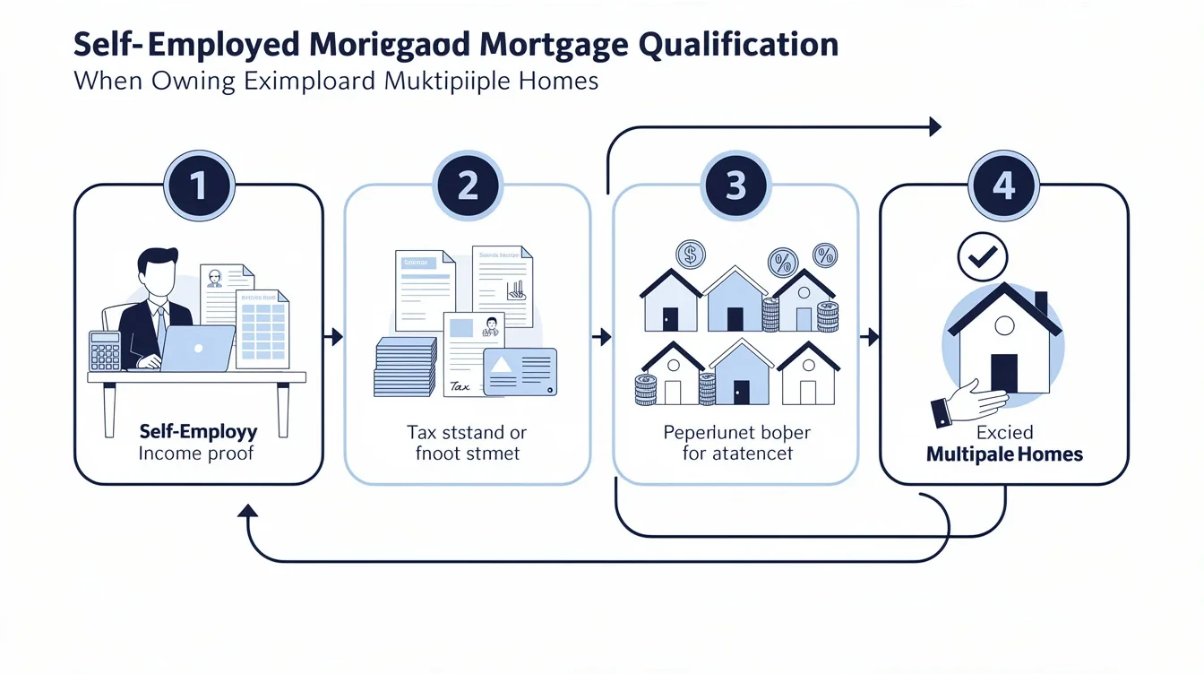 A step-by-step visual process guide demonstrating how mortgage qualification self employed multiple homes works