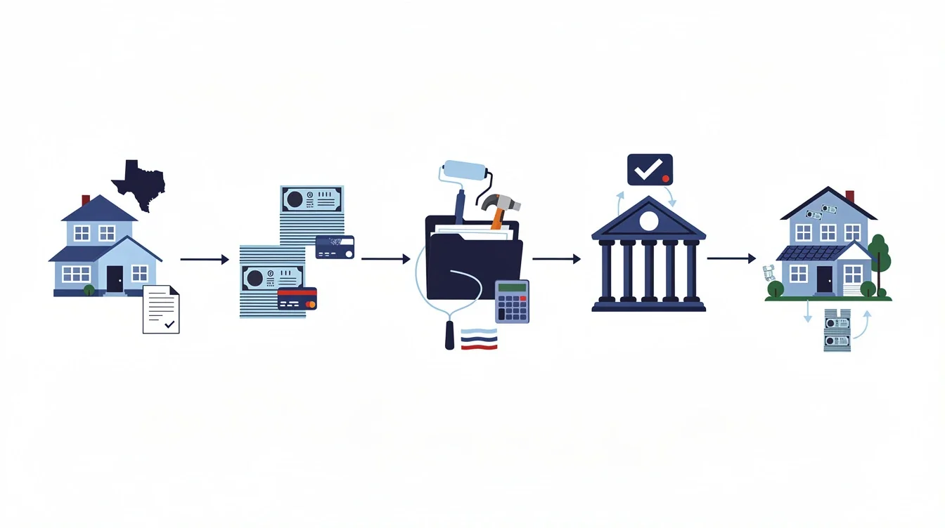A step-by-step visual process guide demonstrating how refinance mortgage for renovations or debt consolidation texas works