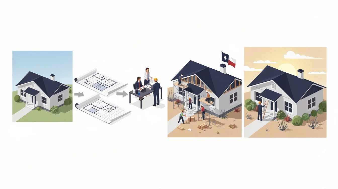 A step-by-step visual process guide demonstrating how construction to permanent loans texas remodeling works